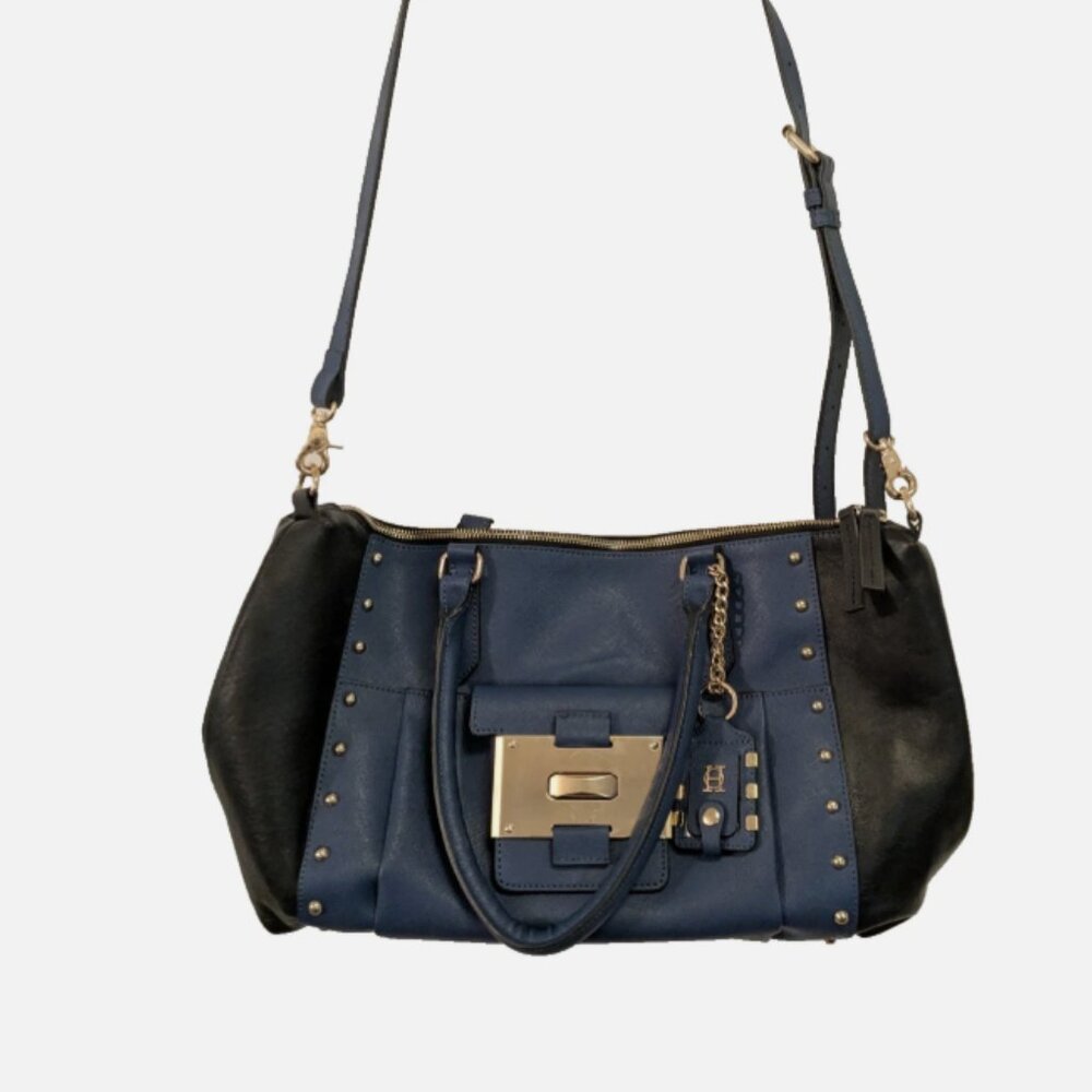 Joy Gryson Handbag Blue & Black Leather Gold Accent Studded Purse /Tote/ Satchel